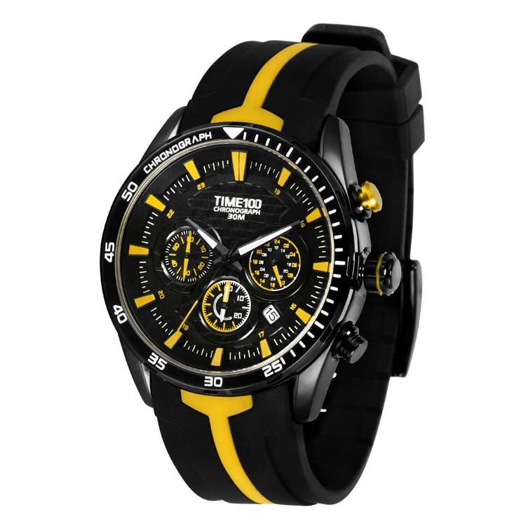 TIME100 W70103G Men's Yellow Chronograph Watch with Black Silicone Strap and Color-Block Dial - Time100