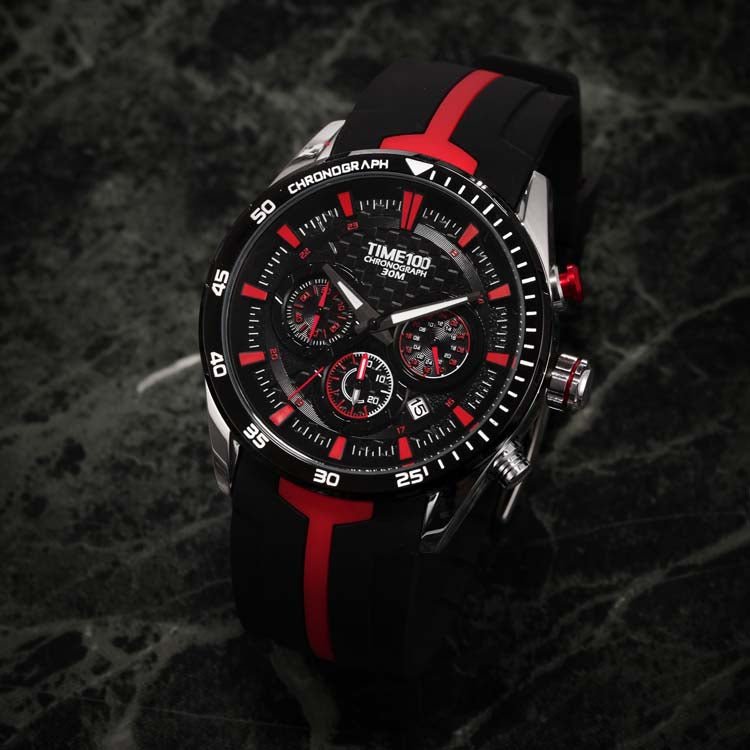 Side profile of the 43mm robust case and traditional buckle closure on the TIME100 quartz watch Red - Time100
