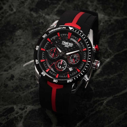Side profile of the 43mm robust case and traditional buckle closure on the TIME100 quartz watch Red - Time100