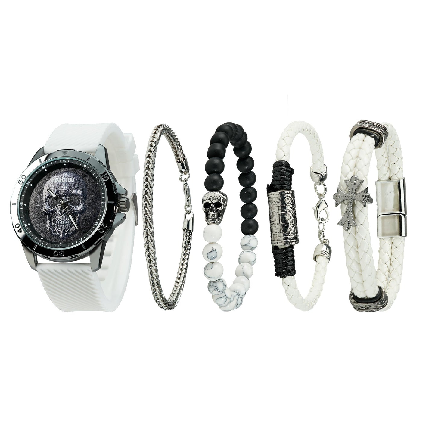 TIME100 W70182G bold black skull motif men's watch and stackable bracelet set White - Time100