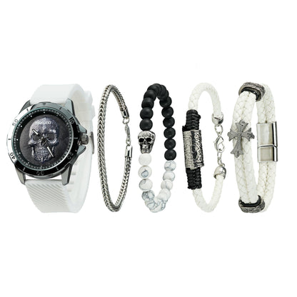 TIME100 W70182G bold black skull motif men's watch and stackable bracelet set White - Time100