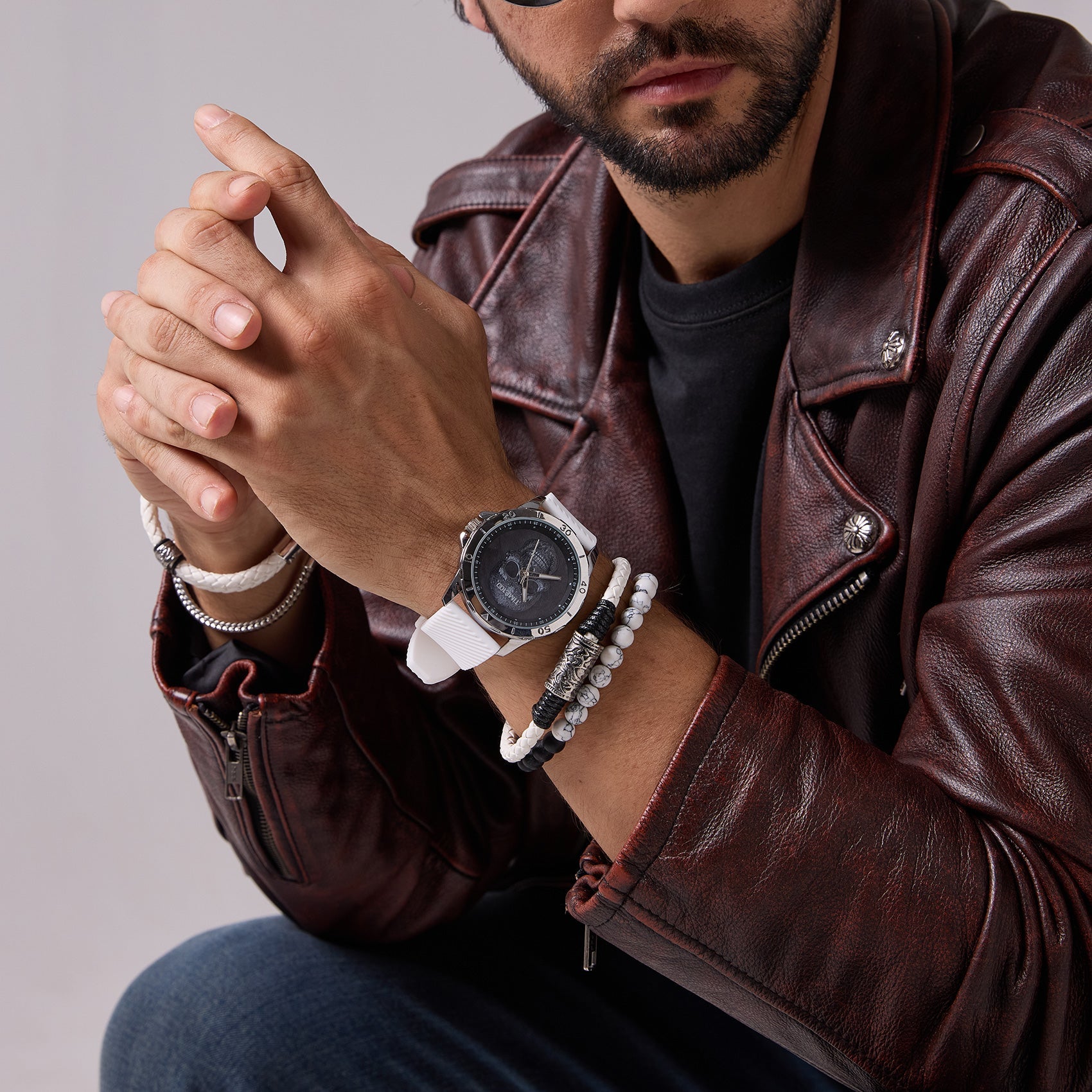 Street-style aesthetic featuring the TIME100 oversized 49mm skull watch and layered bracelets White - Time100