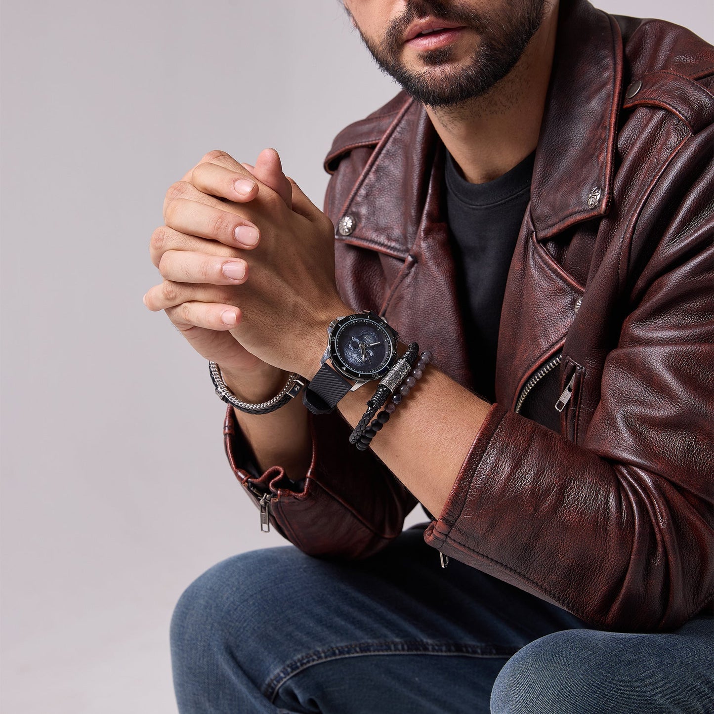 Street-style aesthetic featuring the TIME100 oversized 49mm skull watch and layered bracelets Black - Time100
