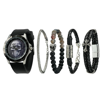 TIME100 W70182G bold black skull motif men's watch and stackable bracelet set Silver - Time100