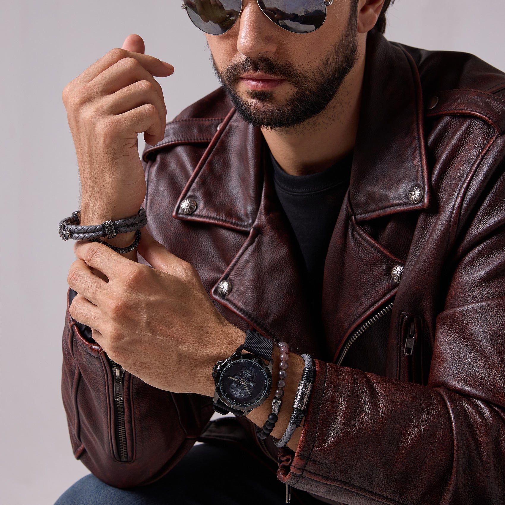 TIME100 Men's Skull Watch with Stackable Bracelet Set, Silicone Band - Time100
