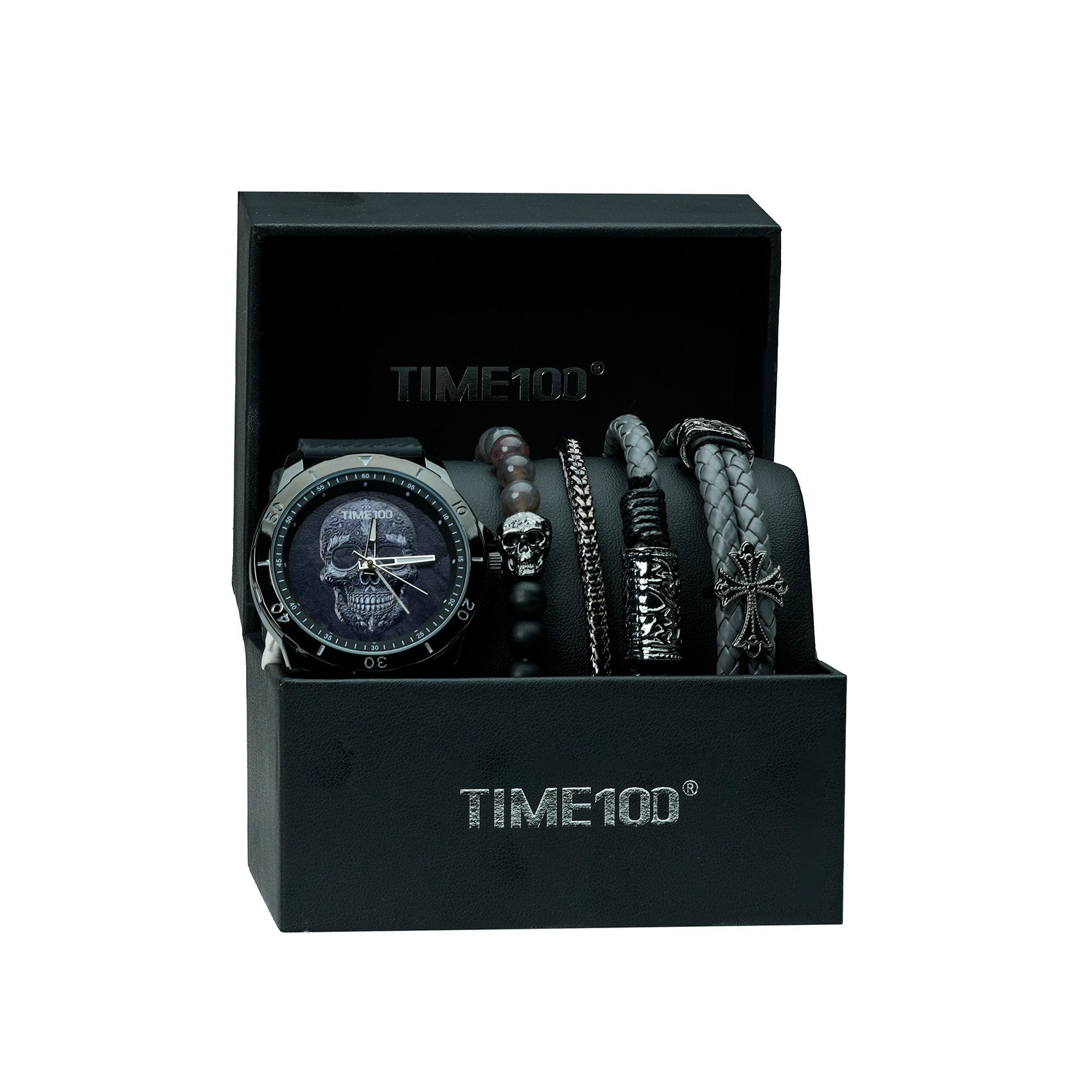 TIME100 monochromatic skull watch and jewelry collection presented as a perfect gift for men Black - Time100