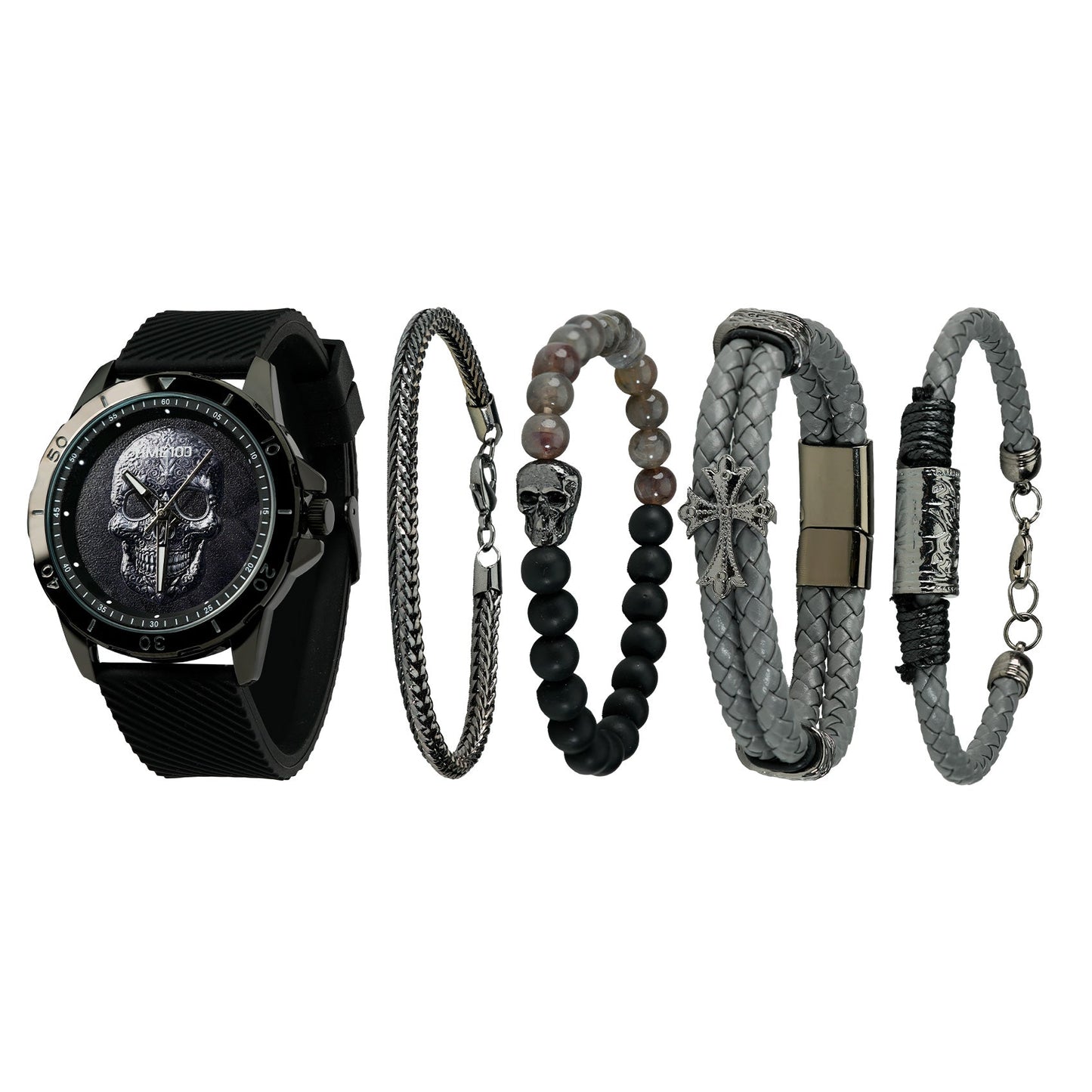 TIME100 W70182G bold black skull motif men's watch and stackable bracelet set Black - Time100