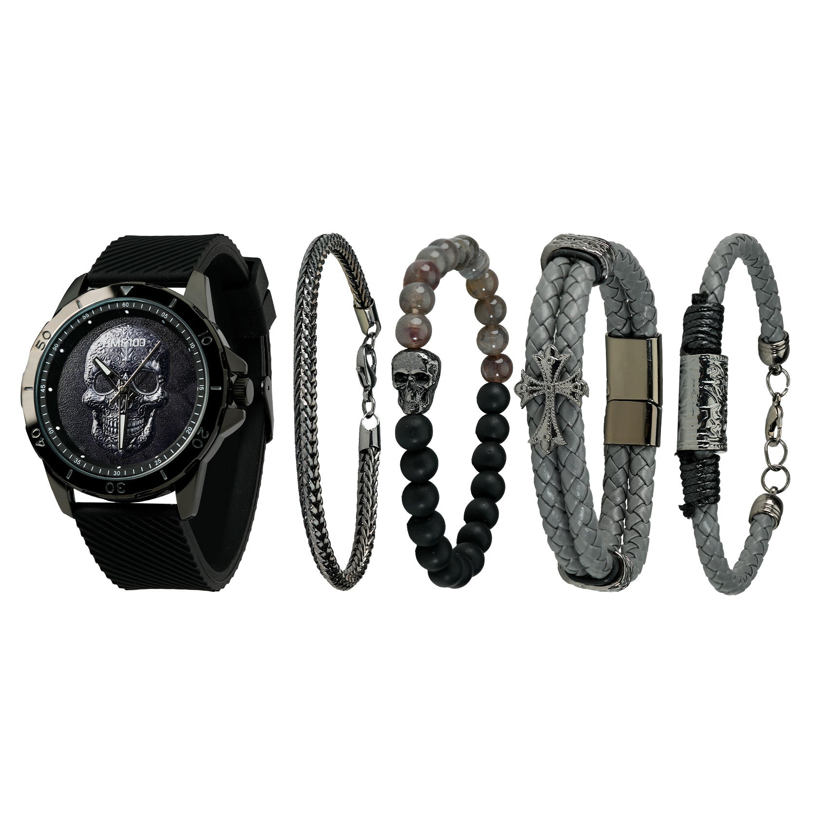 TIME100 W70182G bold black skull motif men's watch and stackable bracelet set Black - Time100