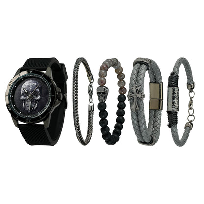 TIME100 W70182G bold black skull motif men's watch and stackable bracelet set Black - Time100