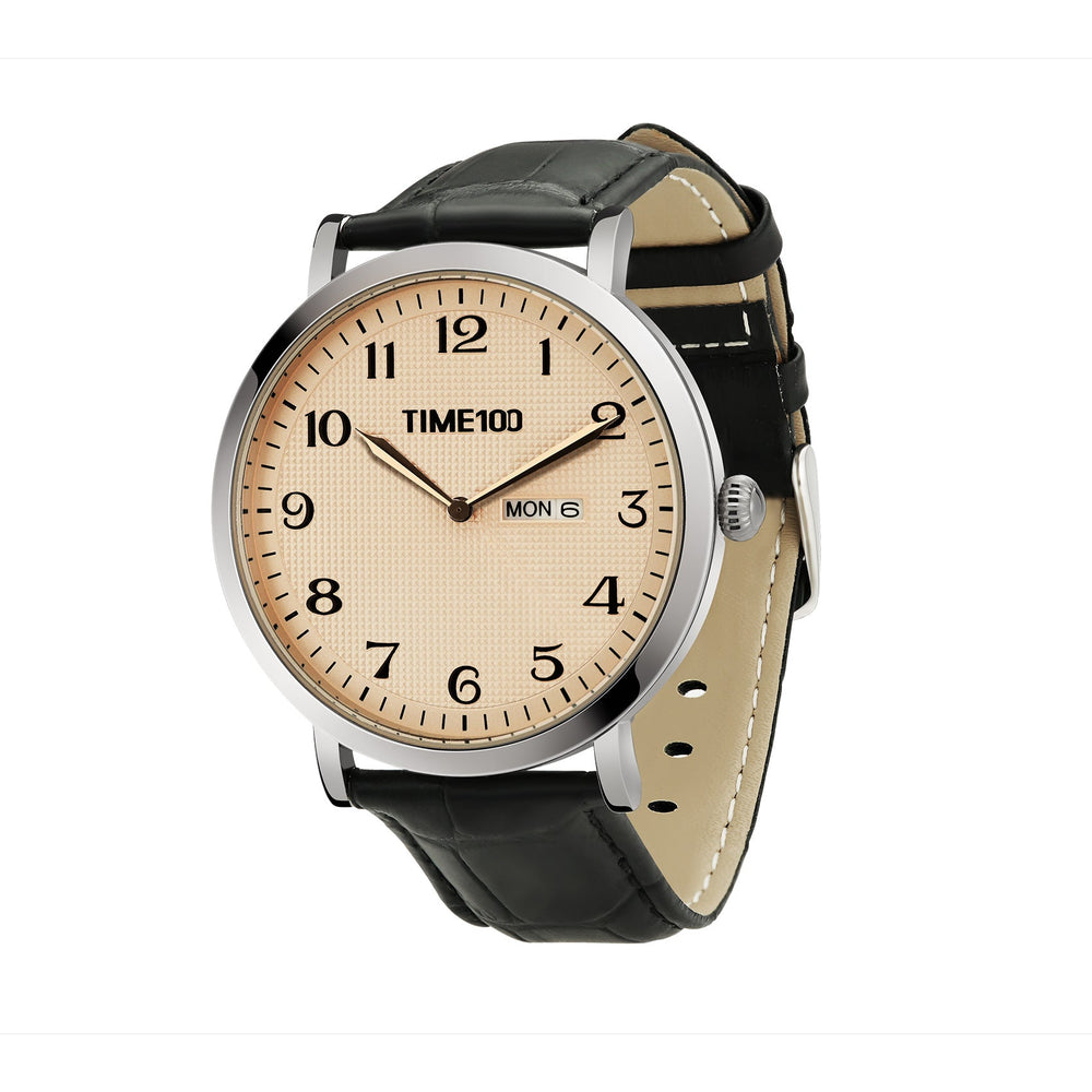 TIME100 W80095G Men's Ultra-Thin Minimalist Watch with Clean White Dial and Brown Leather Strap Brown - Time100
