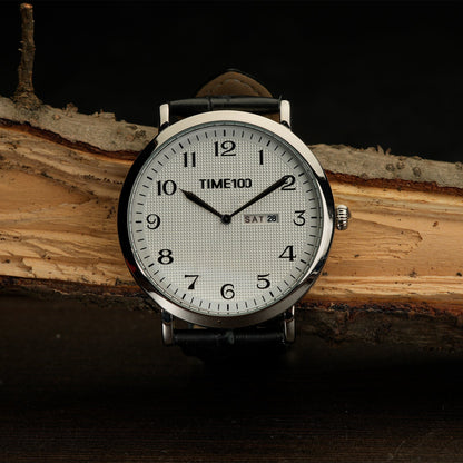 Side profile of the TIME100 classic gentleman's watch highlighting its low-profile 8mm ultra-thin case Silver - Time100