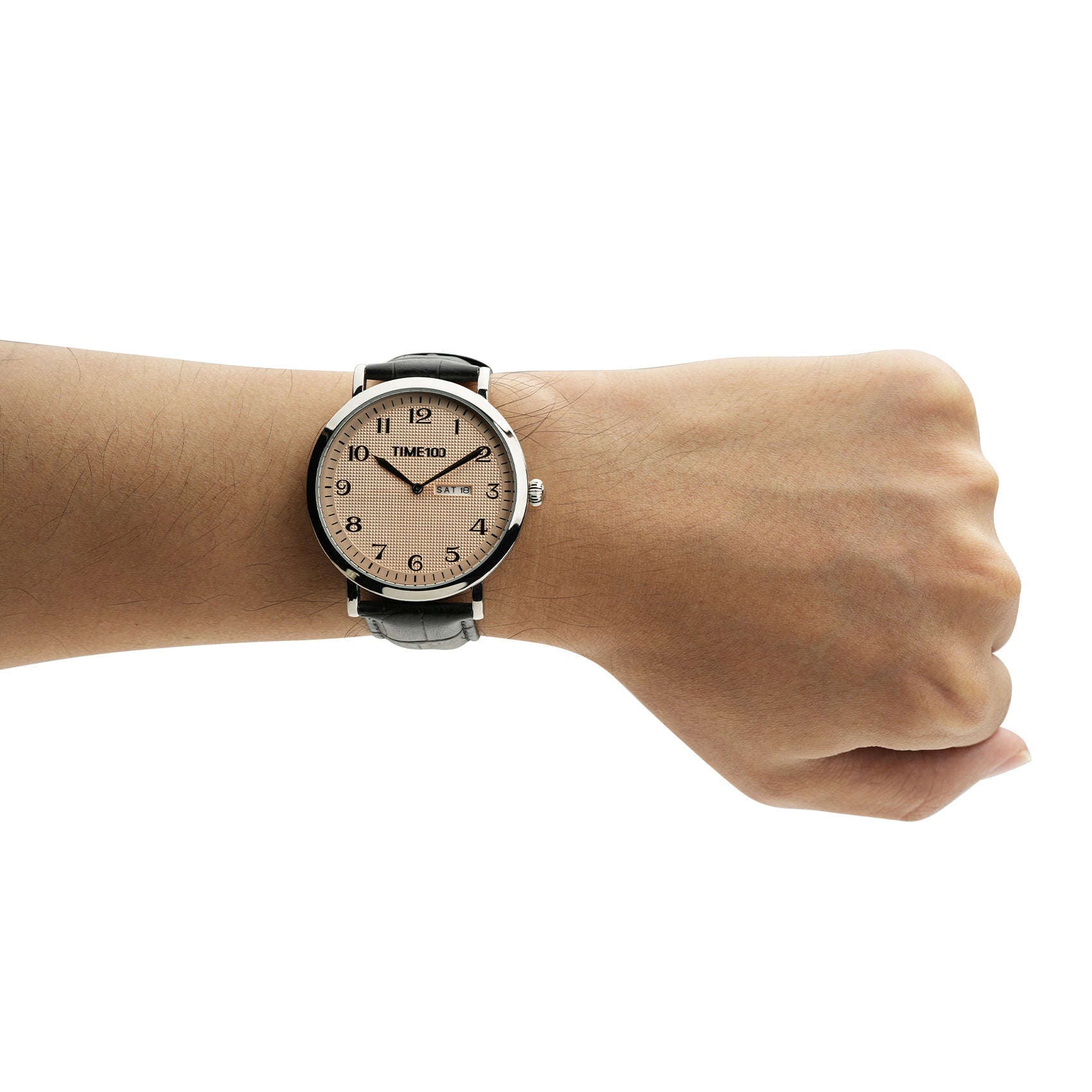 TIME100 Minimalist Men's Watch with Genuine Leather Strap, Water Resistant, Analog Quartz Watch for Men Gold - Time100