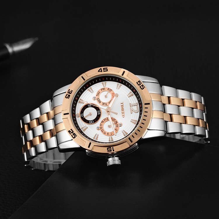 TIME100 Quartz Stainless Steel Band Alloy Plated Case Waterproof Chronograph Watch for Men - Time100