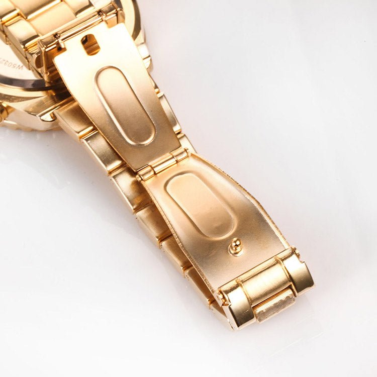 Close-up of the elegant rose gold rectangular watch layered with a minimalist bracelet Gold - Time100