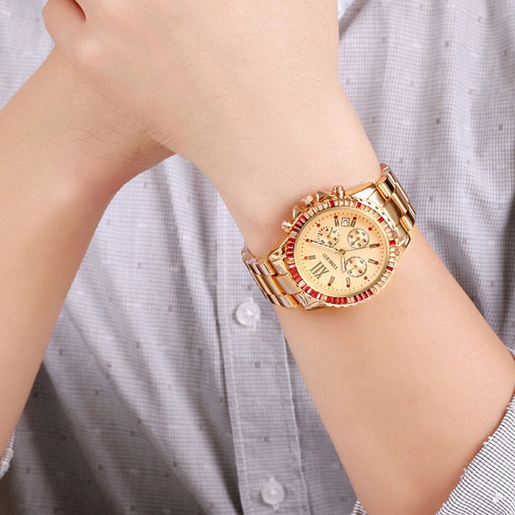Professional woman wearing the sleek rectangular rose gold watch for a minimalist office look Gold - Time100