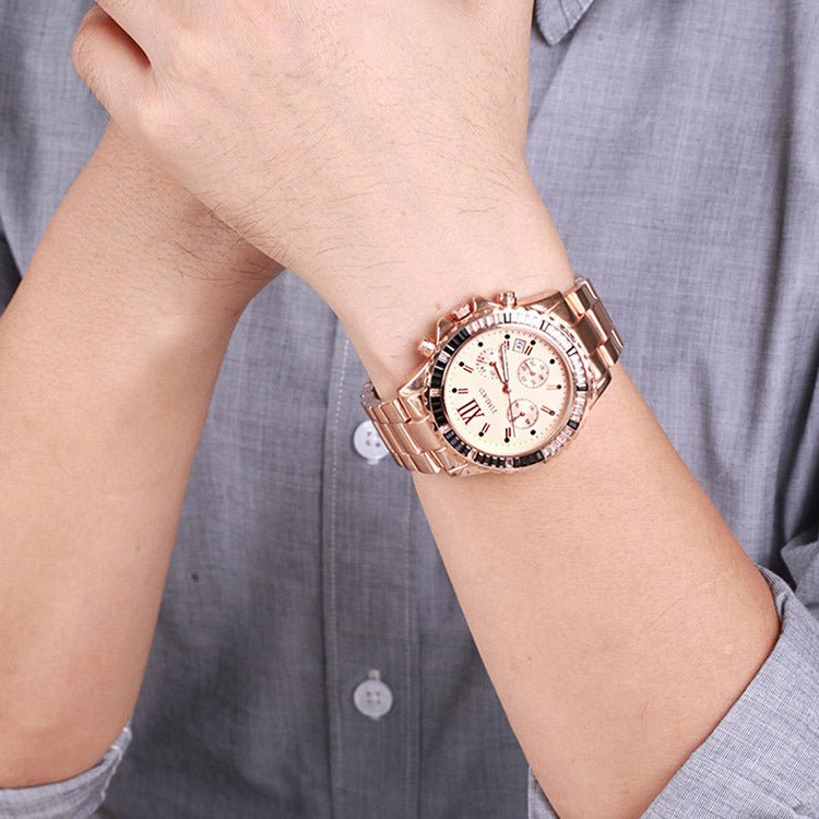 Professional woman wearing the sleek rectangular rose gold watch for a minimalist office look Rose Gold - Time100