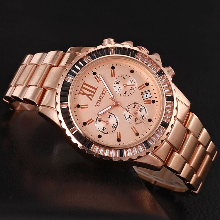TIME100 Quartz Watch for Men and Women Skeleton Calendar Display Alloy Plated Band Rose Gold- Time100