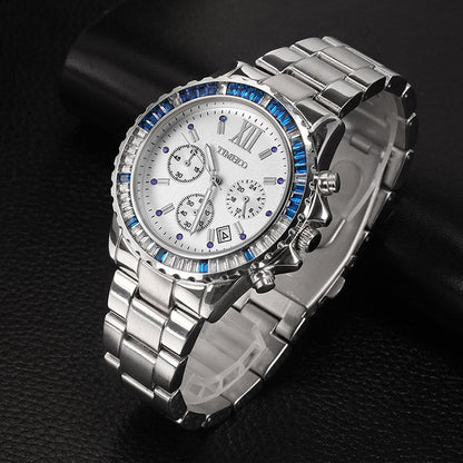 TIME100 Quartz Watch for Men and Women Skeleton Calendar Display Alloy Plated Band Silver - Time100