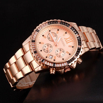 High-fashion aesthetic showing the complete TIME100 jewelry and watch set for a special evening event Rose Gold - Time100