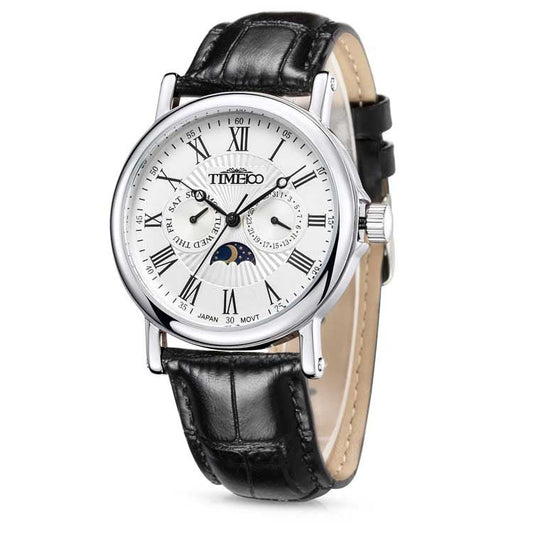 TIME100 Quartz Watches Men's Wristwatch Moon Phase Day Date Calendar Leather Strap 5ATM Waterproof Dress Japanese Analog Quartz Watches for Men - Time100