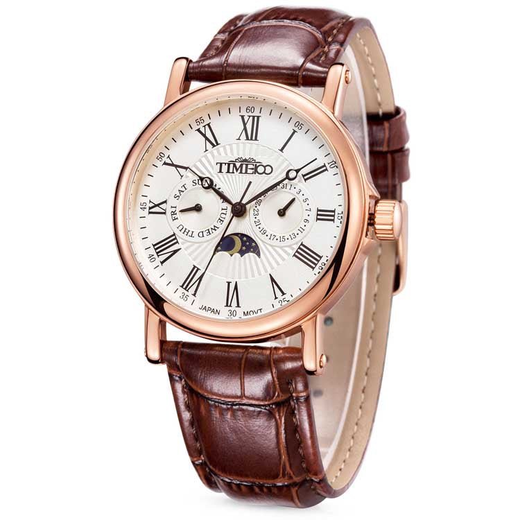 TIME100 W80035G Men's Classic Dress Watch with Roman Numerals and Sun-Moon Indicator Brown - Time100