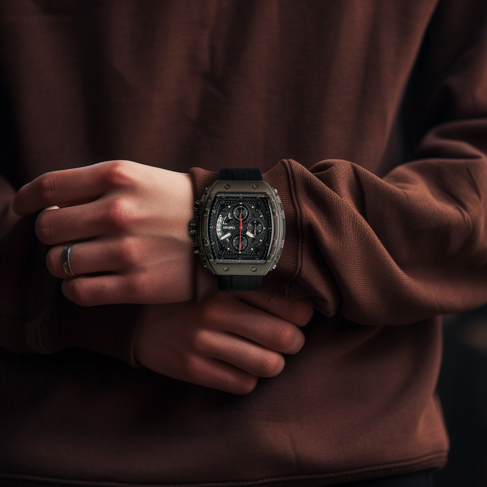 TIME100 Watch for Men Chronograph Calendar Square Face Luminous Punk Style Multifunctional Sub - dials Men's Skeleton Tonneau Watch Silicone Strap W70181G - Time100