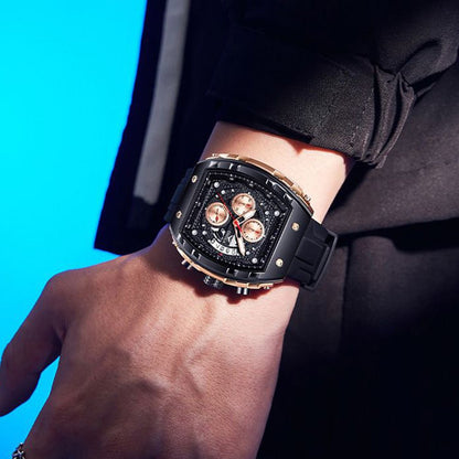 TIME100 Watch for Men Chronograph Calendar Square Face Luminous Punk Style Multifunctional Sub - dials Men's Skeleton Tonneau Watch Silicone Strap W70181G - Time100