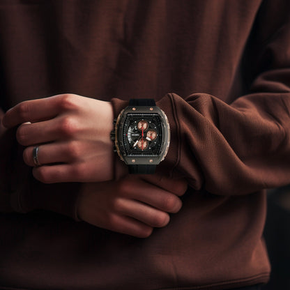 TIME100 Watch for Men Chronograph Calendar Square Face Luminous Punk Style Multifunctional Sub - dials Men's Skeleton Tonneau Watch Silicone Strap W70181G - Time100