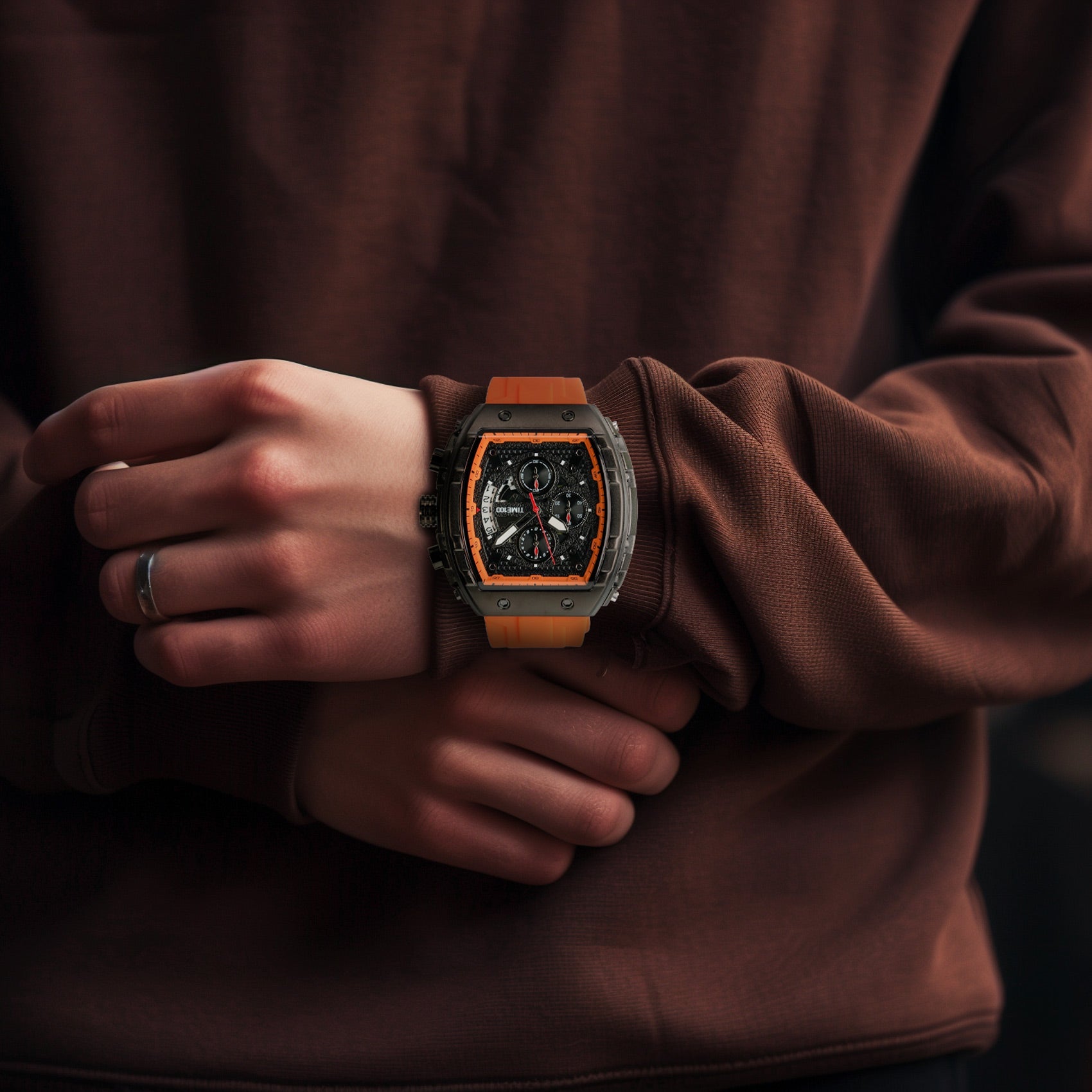 TIME100 Watch for Men Chronograph Calendar Square Face Luminous Punk Style Multifunctional Sub - dials Men's Skeleton Tonneau Watch Silicone Strap W70181G - Time100