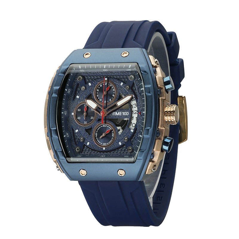 TIME100 Watch for Men Chronograph Calendar Square Face Luminous Punk Style Multifunctional Sub - dials Men's Skeleton Tonneau Watch Silicone Strap W70181G - Time100