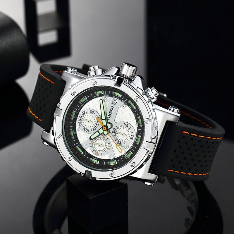 Busy executive wearing the commanding 49mm TIME100 business watch in a professional office setting Silver - Time100