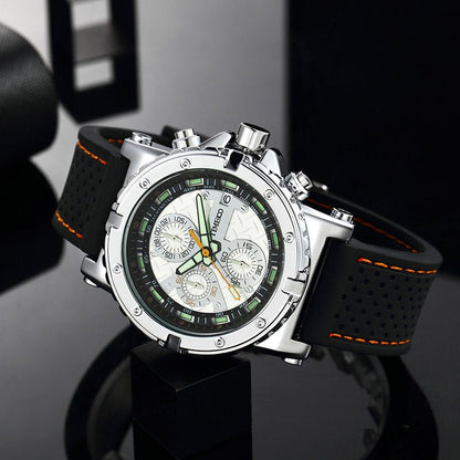 Busy executive wearing the commanding 49mm TIME100 business watch in a professional office setting Silver - Time100