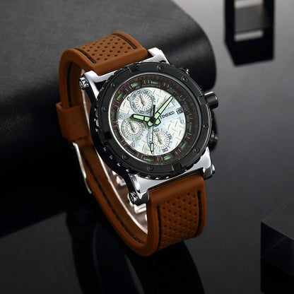 Close-up of the TIME100 round watch face featuring shimmering crystal markers and a minimalist aesthetic Brown - Time100