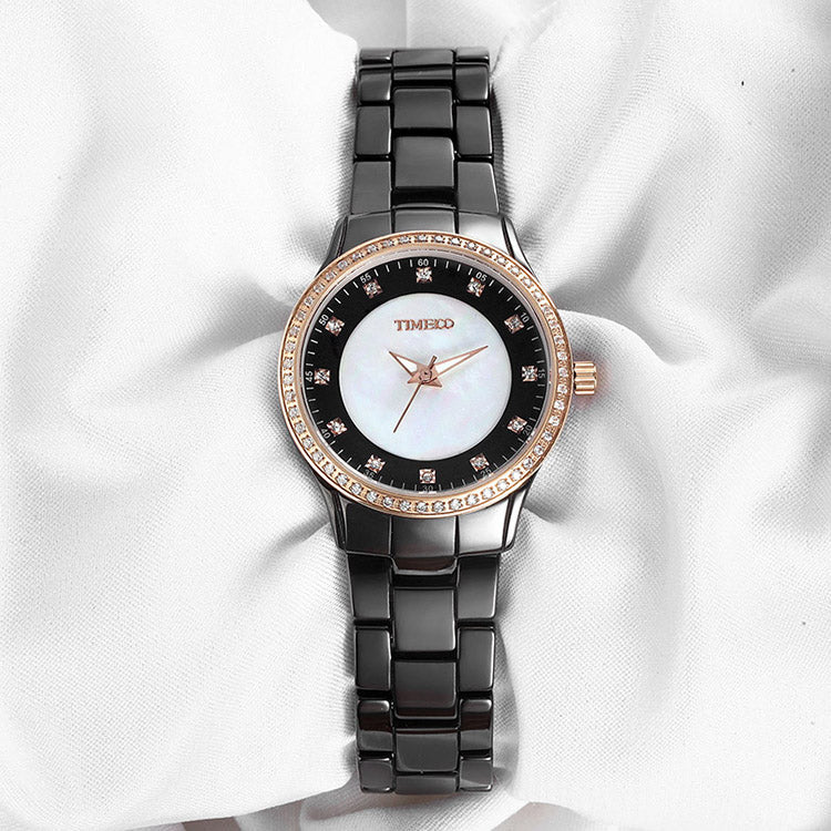 Scratch-resistant high-gloss black ceramic band on the TIME100 quartz fashion timepiece White - Time100
