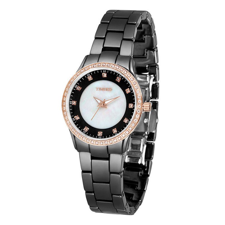 TIME100 W50375L Women's Black Ceramic Watch with Iridescent Natural Shell Dial Black - Time100
