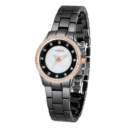 TIME100 W50375L Women's Black Ceramic Watch with Iridescent Natural Shell Dial Black - Time100