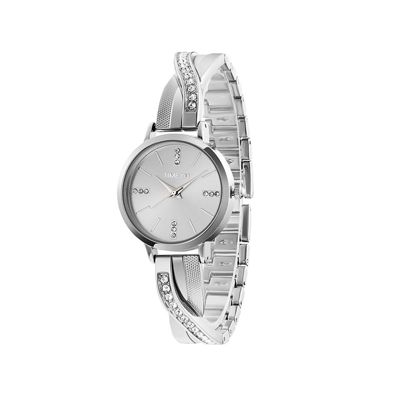 TIME100 Women's Bangle Watch and Silver Watch Chain Bracelets Premium Crystal Accented Bracelet Set W50888L Silver - Time100