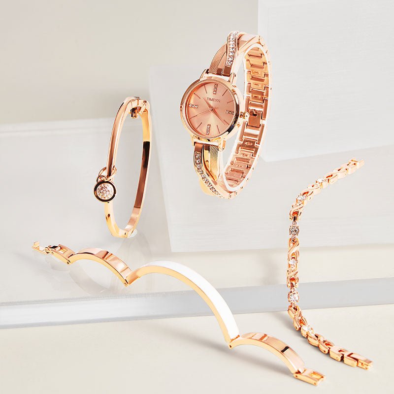 Close-up of the elegant guilloche-style dial and premium crystal accents on the TIME100 watch Rose Gold - Time100