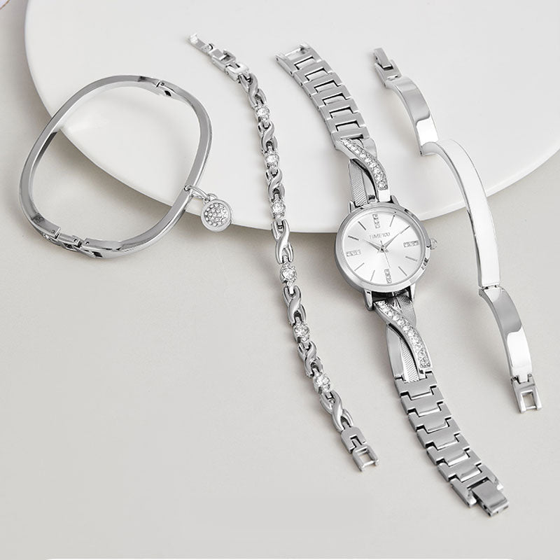 Close-up of the elegant guilloche-style dial and premium crystal accents on the TIME100 watch Silver - Time100