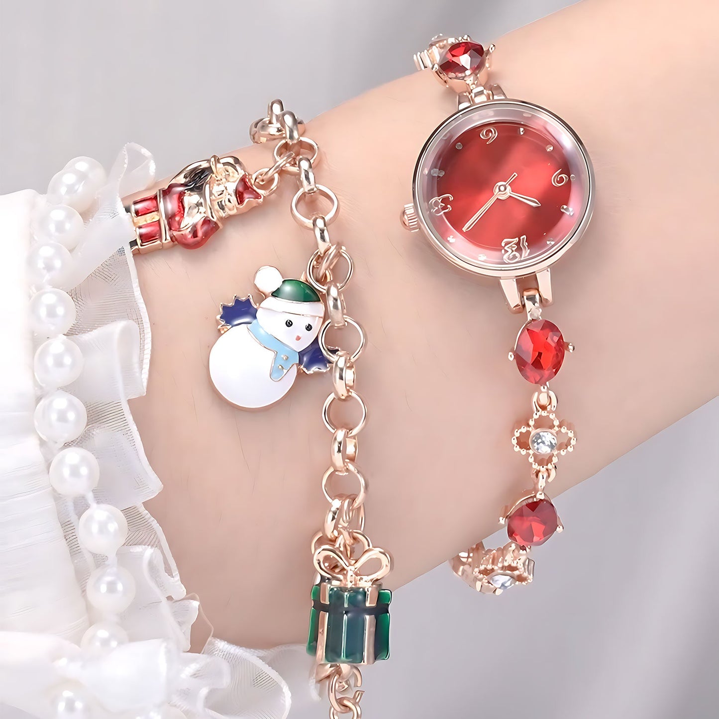 Close-up of the diamond-inspired rose gold alloy bracelet on the TIME100 Dainty Dress Watch Red - Time100
