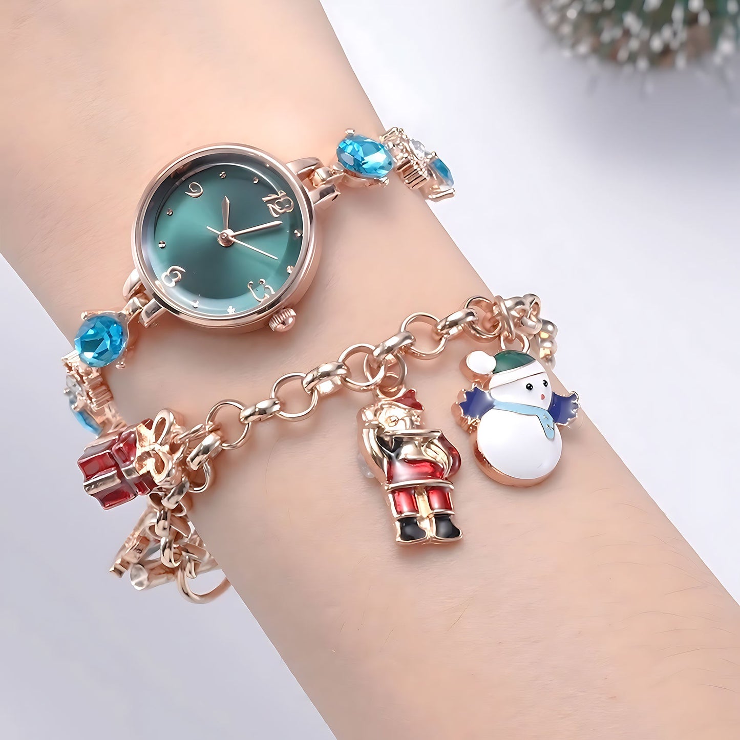 Close-up of the diamond-inspired rose gold alloy bracelet on the TIME100 Dainty Dress Watch Cyan - Time100