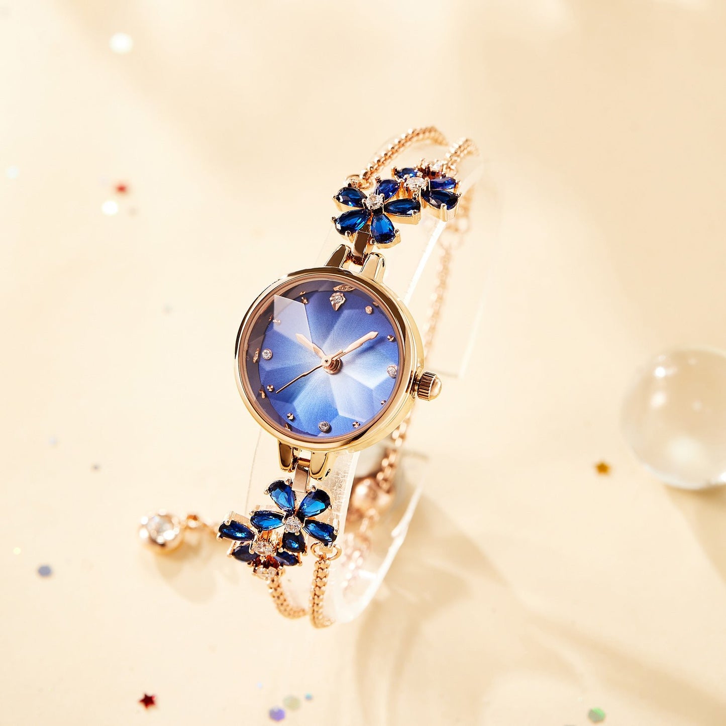 Rose gold-tone copper bracelet detail on the TIME100 Stella romantic elegant Blue watch - Time100