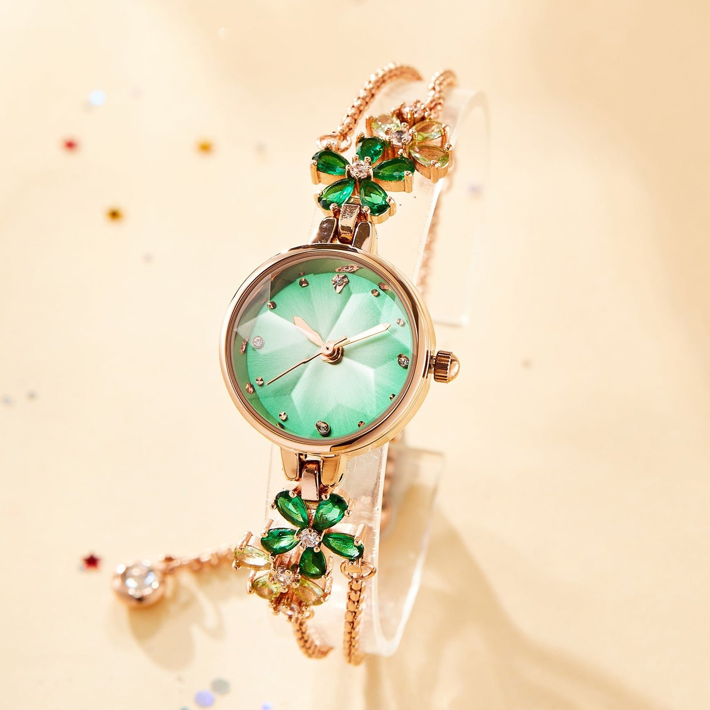 Rose gold-tone copper bracelet detail on the TIME100 Stella romantic elegant Green watch - Time100