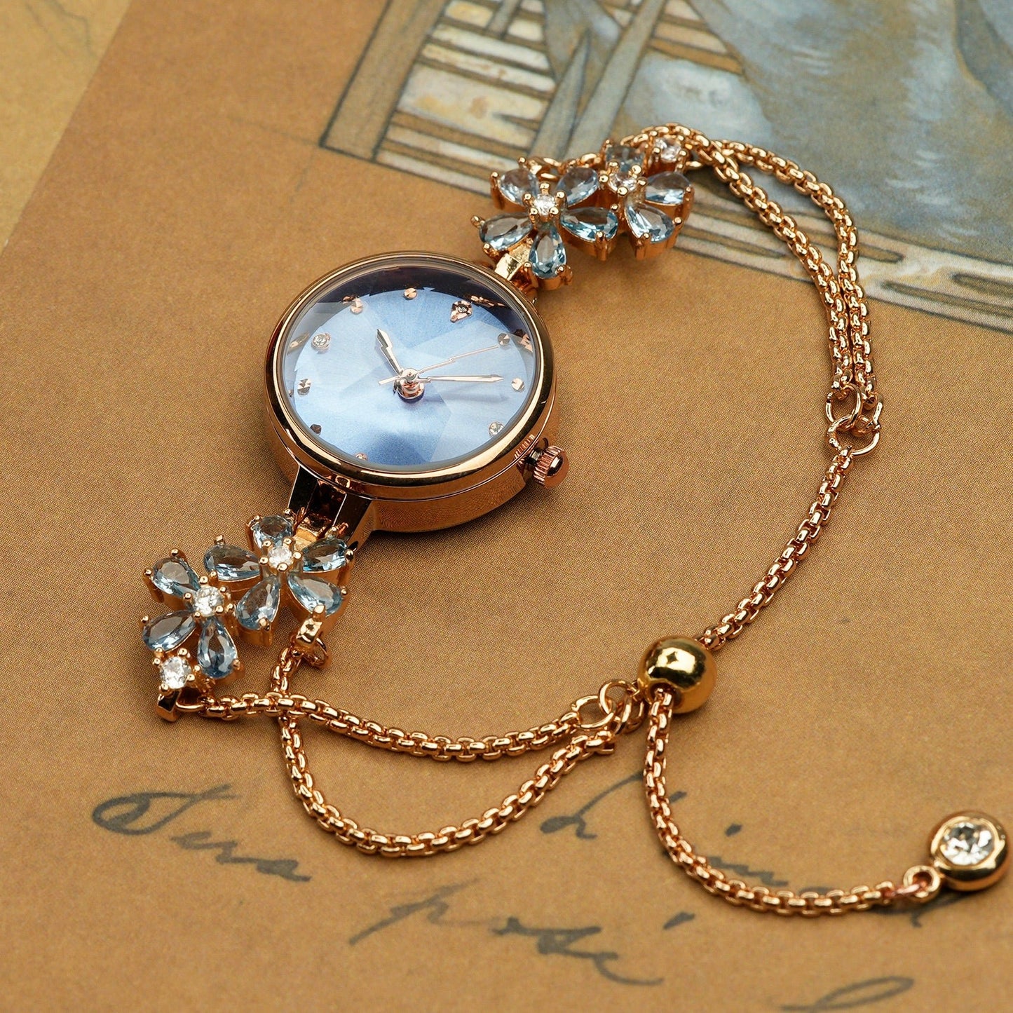 Woman wearing the TIME100 Stella periwinkle flower dial watch as a spring fashion statement piece Blue - Time100