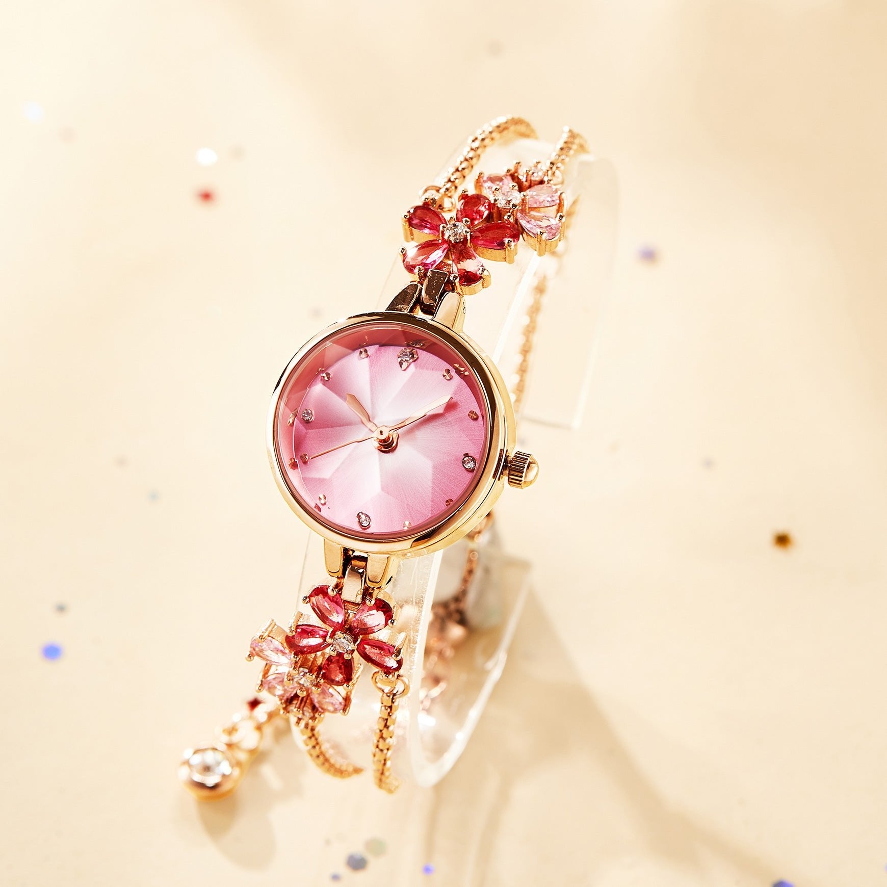 Rose gold-tone copper bracelet detail on the TIME100 Stella romantic elegant Red watch - Time100
