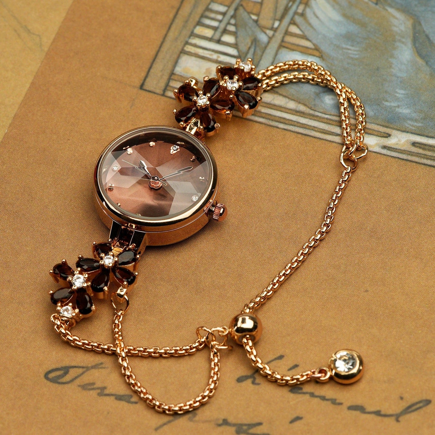 Woman wearing the TIME100 Stella periwinkle flower dial watch as a spring fashion statement piece Brown - Time100