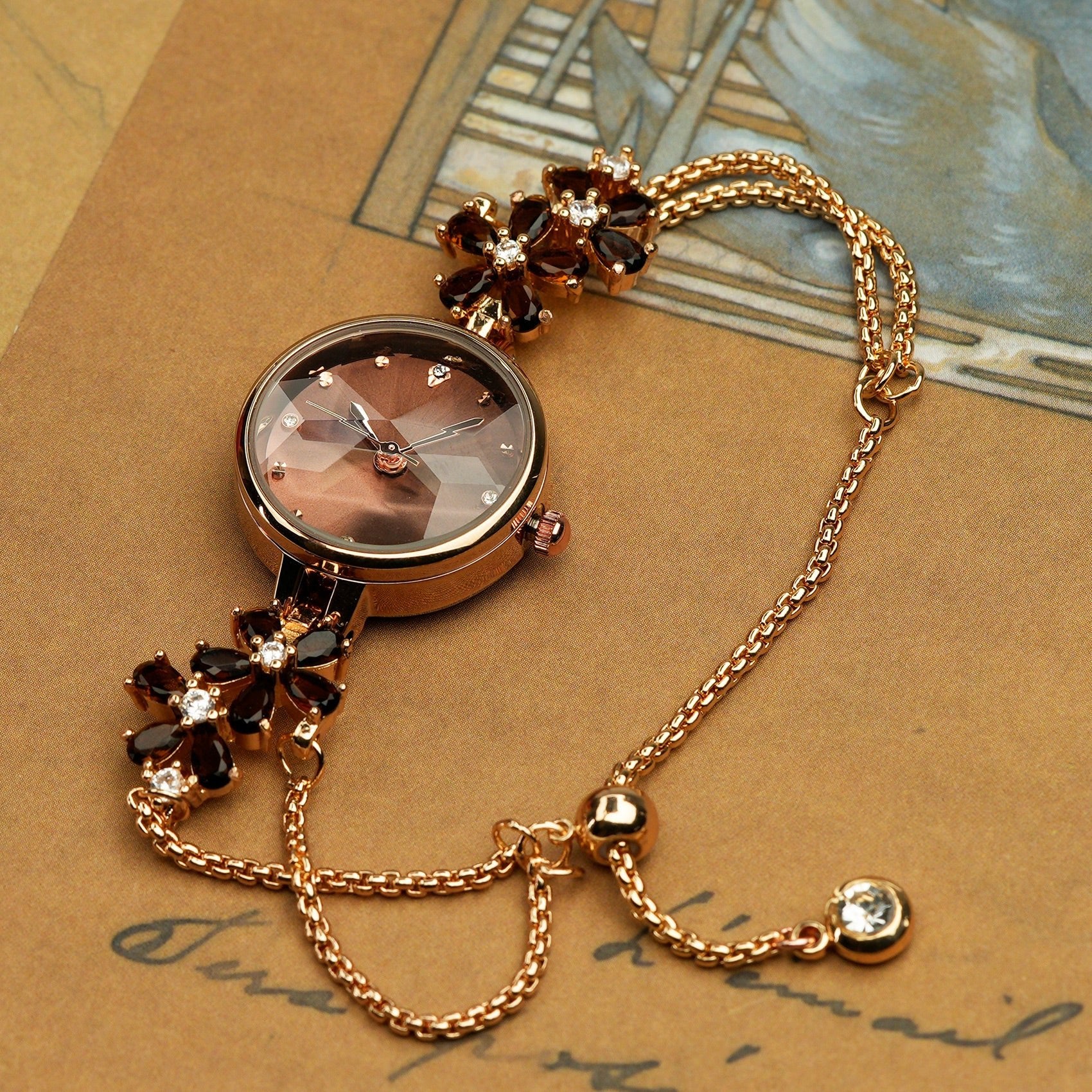 Woman wearing the TIME100 Stella periwinkle flower dial watch as a spring fashion statement piece Brown - Time100