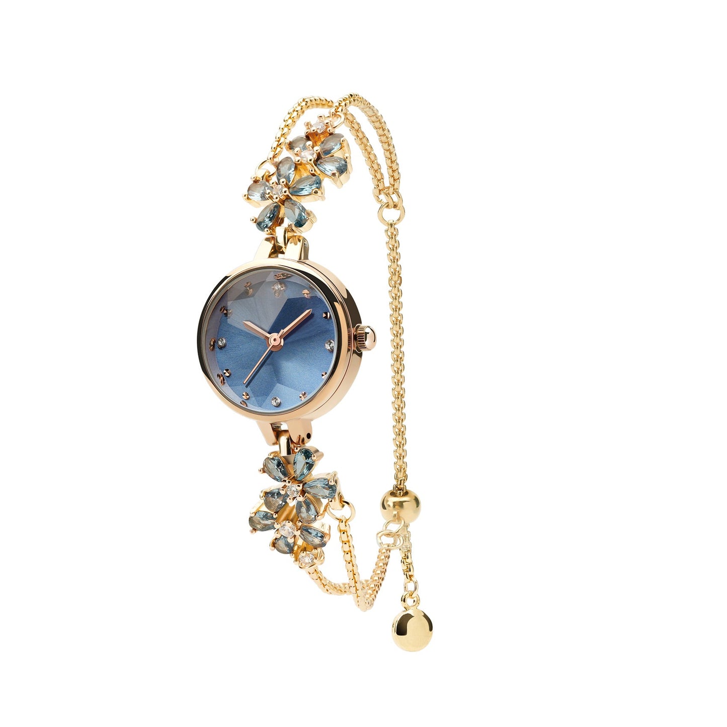 TIME100 Stella FLORISMA 20mm W80322L Women's Jewelry Watch with Periwinkle Flower Dial and Rose Gold Bracelet Blue2 - Time100
