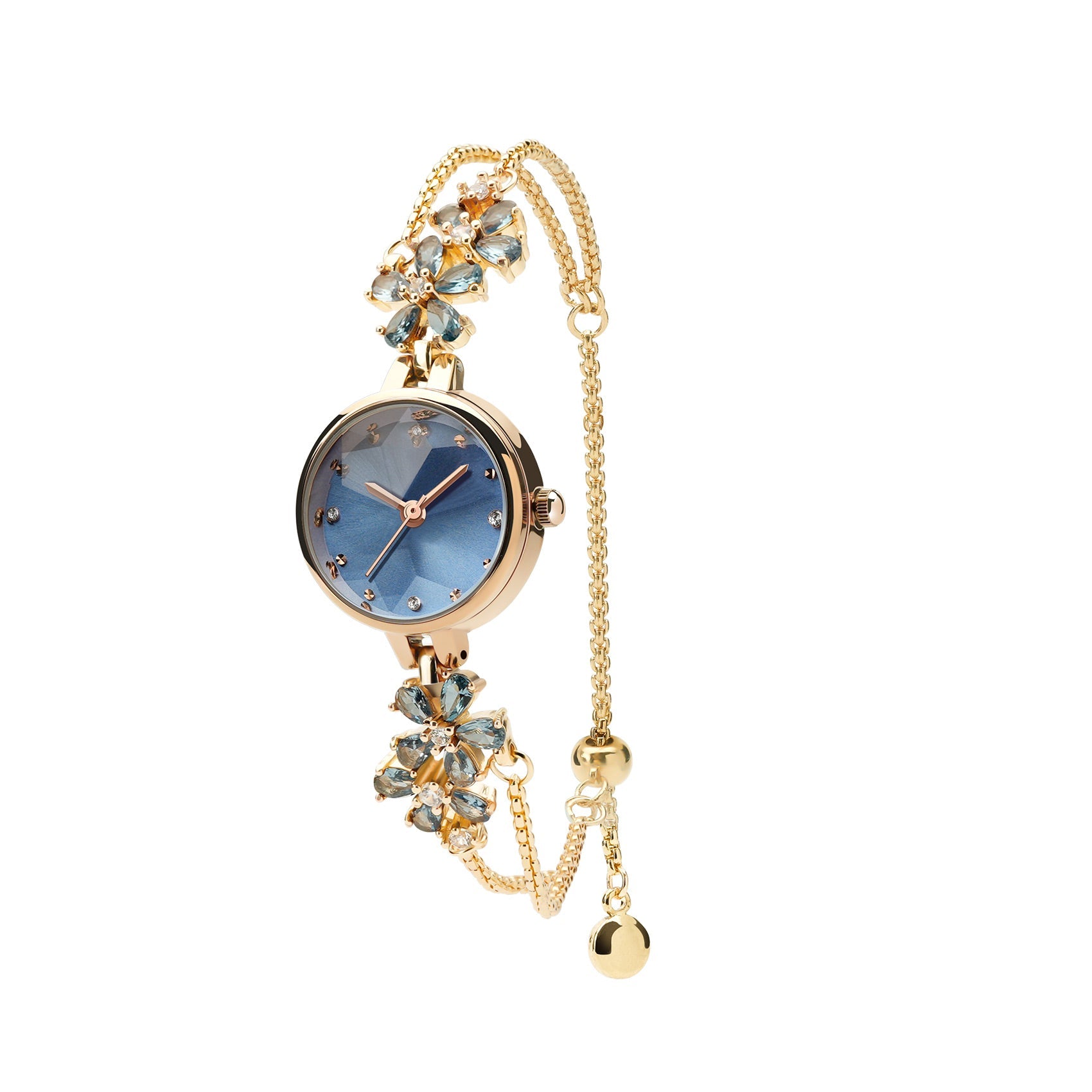 TIME100 Stella FLORISMA 20mm W80322L Women's Jewelry Watch with Periwinkle Flower Dial and Rose Gold Bracelet Blue2 - Time100