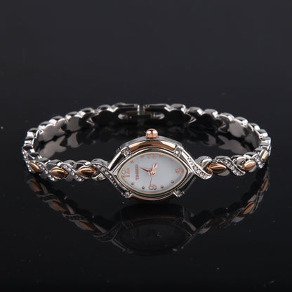 Distinctive rose gold-tone oval case design of the TIME100 Soho women's timepiece five - Time100